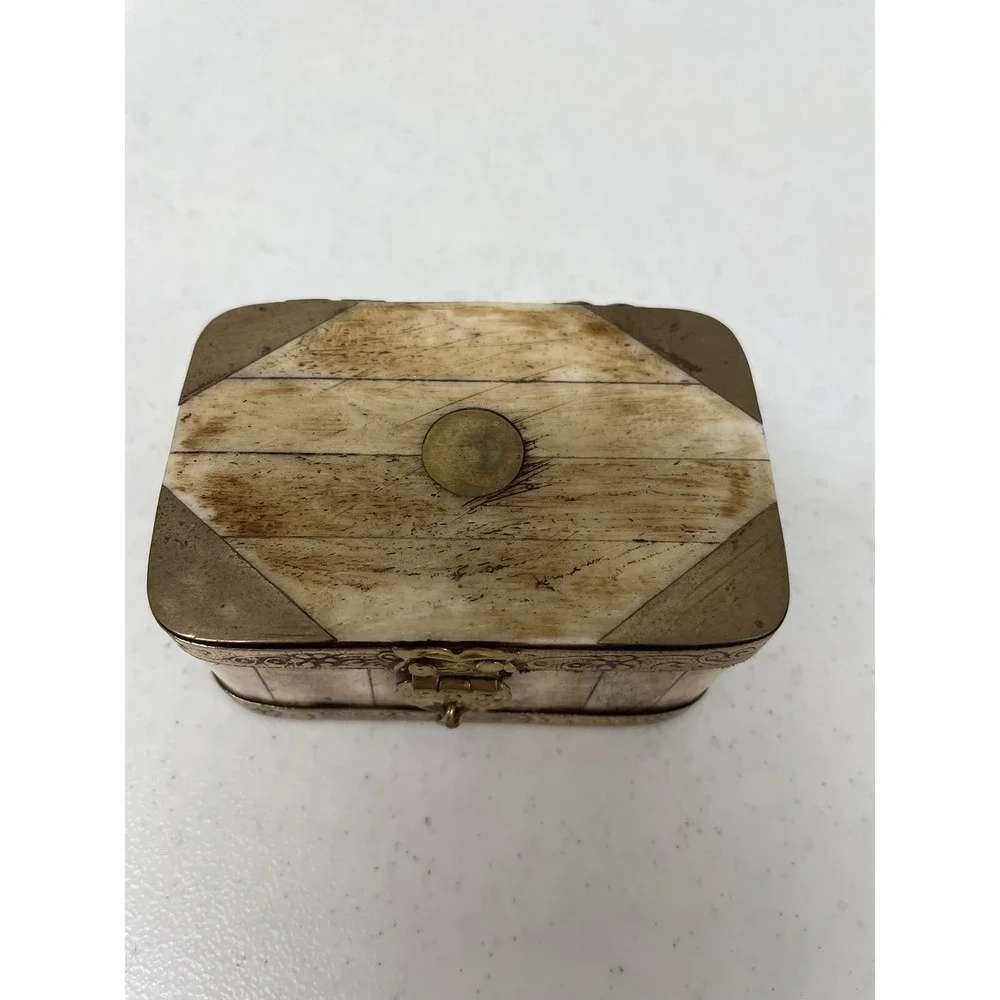 Vintage Set of 2 Handcrafted Bone & Brass Hinged Trinket Jewerly Box India‎